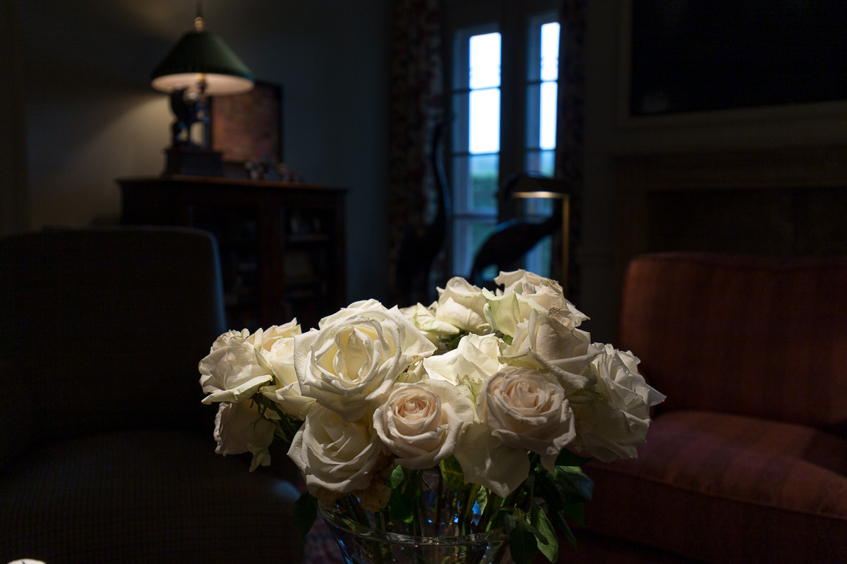 Flowers on a dining room table.